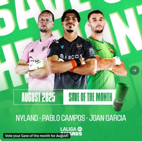 Ứng viên lưu tốt nhất của La Liga vào tháng 8: Joan Garcia tiết kiệm Vallecano và được lọt vào danh sách gần